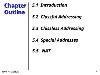 TCP/IP Protocol Suite 3
Chapter
Chapter
Outline
Outline
5.1 Introduction
5.1 Introduction
5.2 Classful Addressing
5.2 Classful Addressing
5.3 Classless Addressing
5.3 Classless Addressing
5.4 Special Addresses
5.4 Special Addresses
5.5 NAT
5.5 NAT
 