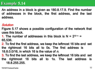 TCP/IP Protocol Suite 52
An address in a block is given as 180.8.17.9. Find the number
of addresses in the block, the first address, and the last
address.
Solution
Figure 5.17 shows a possible configuration of the network that
uses this block.
1. The number of addresses in this block is N = 232−n
=
65,536.
2. To find the first address, we keep the leftmost 16 bits and set
the rightmost 16 bits all to 0s. The first address is
18.8.0.0/16, in which 16 is the value of n.
3. To find the last address, we keep the leftmost 16 bits and set
the rightmost 16 bits all to 1s. The last address is
18.8.255.255.
Example
Example 5.14
 