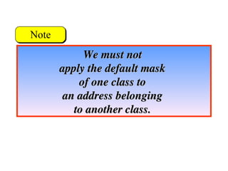 We must not
We must not
apply the default mask
apply the default mask
of one class to
of one class to
an address belonging
an address belonging
to another class.
to another class.
 