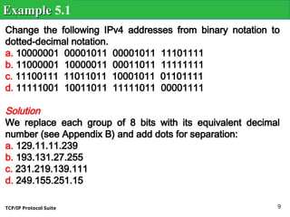 TCP/IP Protocol Suite 9
Change the following IPv4 addresses from binary notation to
dotted-decimal notation.
a. 10000001 00001011 00001011 11101111
b. 11000001 10000011 00011011 11111111
c. 11100111 11011011 10001011 01101111
d. 11111001 10011011 11111011 00001111
Solution
We replace each group of 8 bits with its equivalent decimal
number (see Appendix B) and add dots for separation:
a. 129.11.11.239
b. 193.131.27.255
c. 231.219.139.111
d. 249.155.251.15
Example
Example 5.1
 