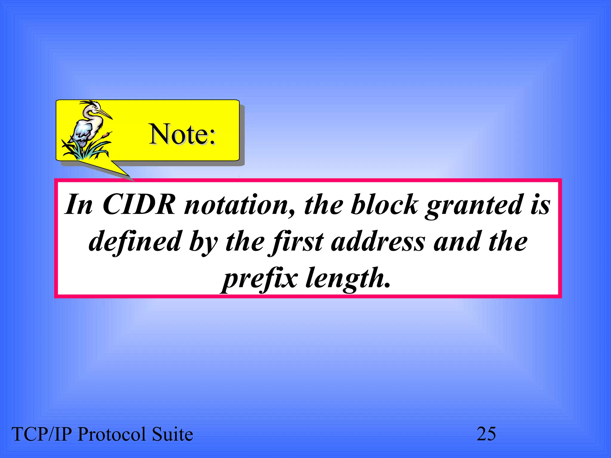 NNoottee:: 
In CIDR notation, the block granted is 
defined by the first address and the 
prefix length. 
TCP/IP Protocol Suite 25 
 