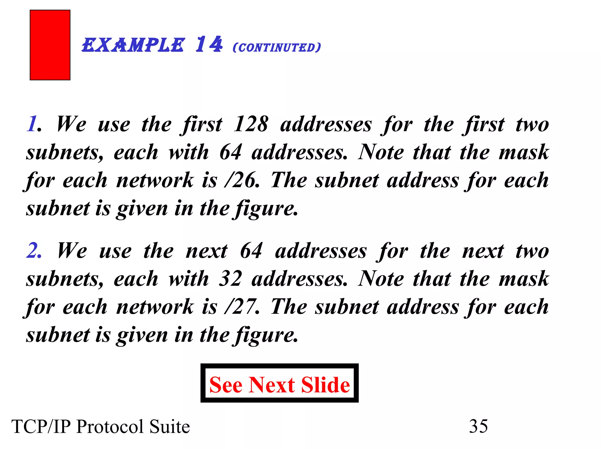 ExamplE 14 (ContinutEd) 
1. We use the first 128 addresses for the first two 
subnets, each with 64 addresses. Note that the mask 
for each network is /26. The subnet address for each 
subnet is given in the figure. 
2. We use the next 64 addresses for the next two 
subnets, each with 32 addresses. Note that the mask 
for each network is /27. The subnet address for each 
subnet is given in the figure. 
See Next Slide 
TCP/IP Protocol Suite 35 
 