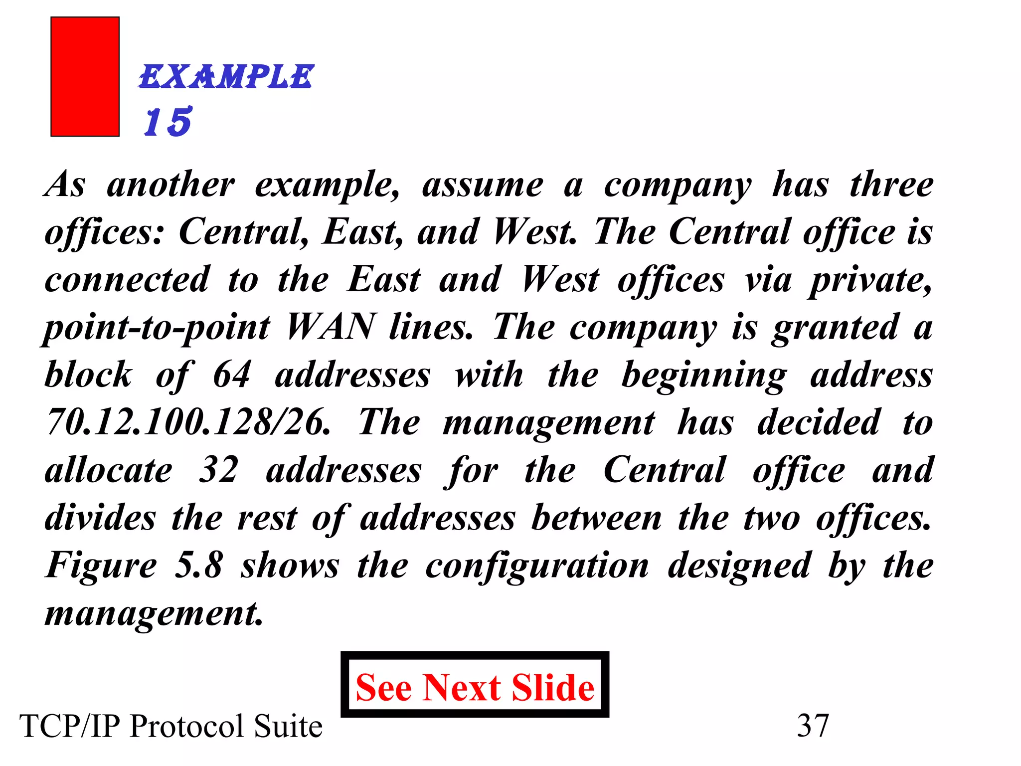 ExamplE 
15 
As another example, assume a company has three 
offices: Central, East, and West. The Central office is 
connected to the East and West offices via private, 
point-to-point WAN lines. The company is granted a 
block of 64 addresses with the beginning address 
70.12.100.128/26. The management has decided to 
allocate 32 addresses for the Central office and 
divides the rest of addresses between the two offices. 
Figure 5.8 shows the configuration designed by the 
management. 
See Next Slide 
TCP/IP Protocol Suite 37 
 