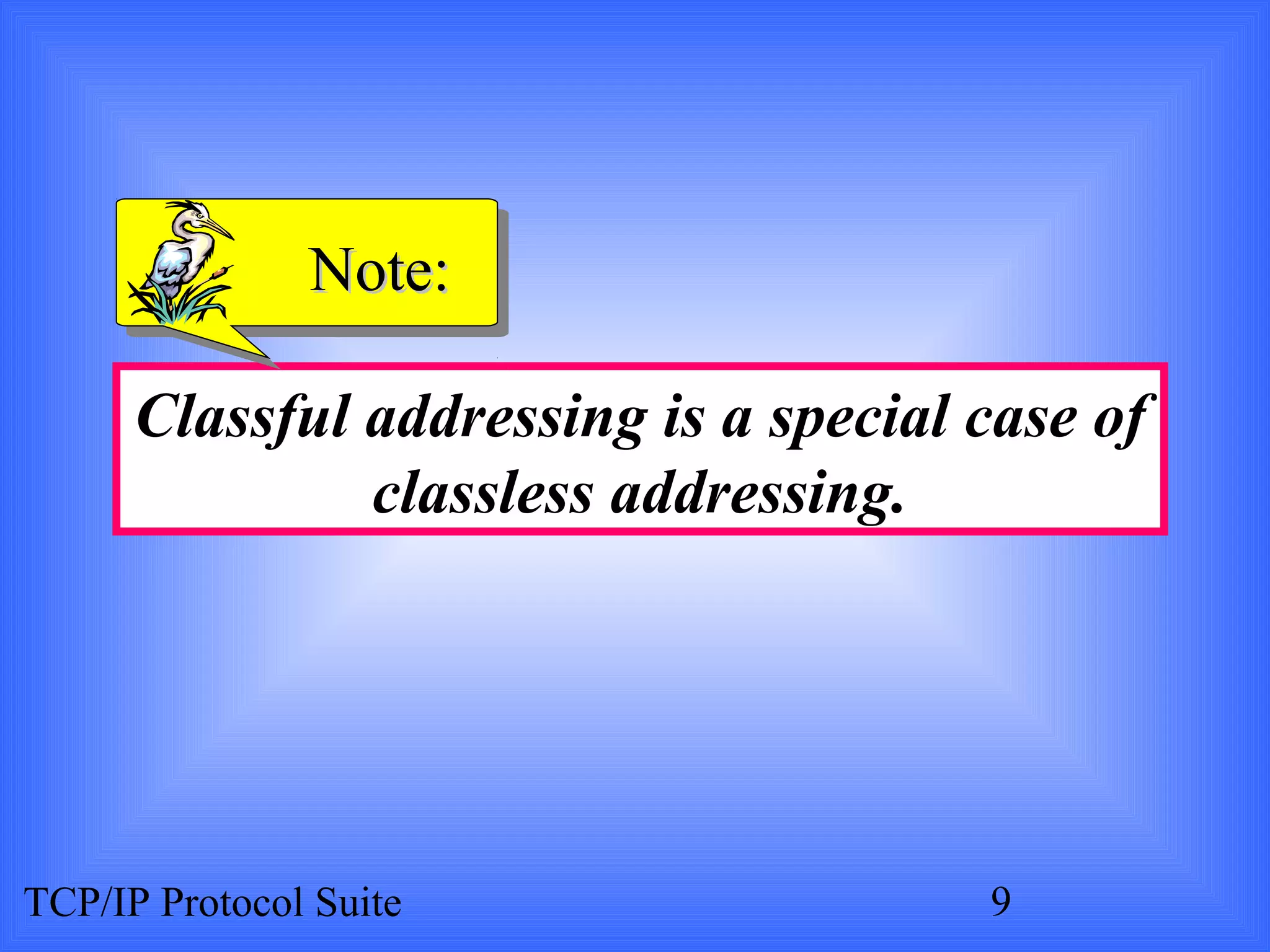 NNoottee:: 
Classful addressing is a special case of 
classless addressing. 
TCP/IP Protocol Suite 9 
 