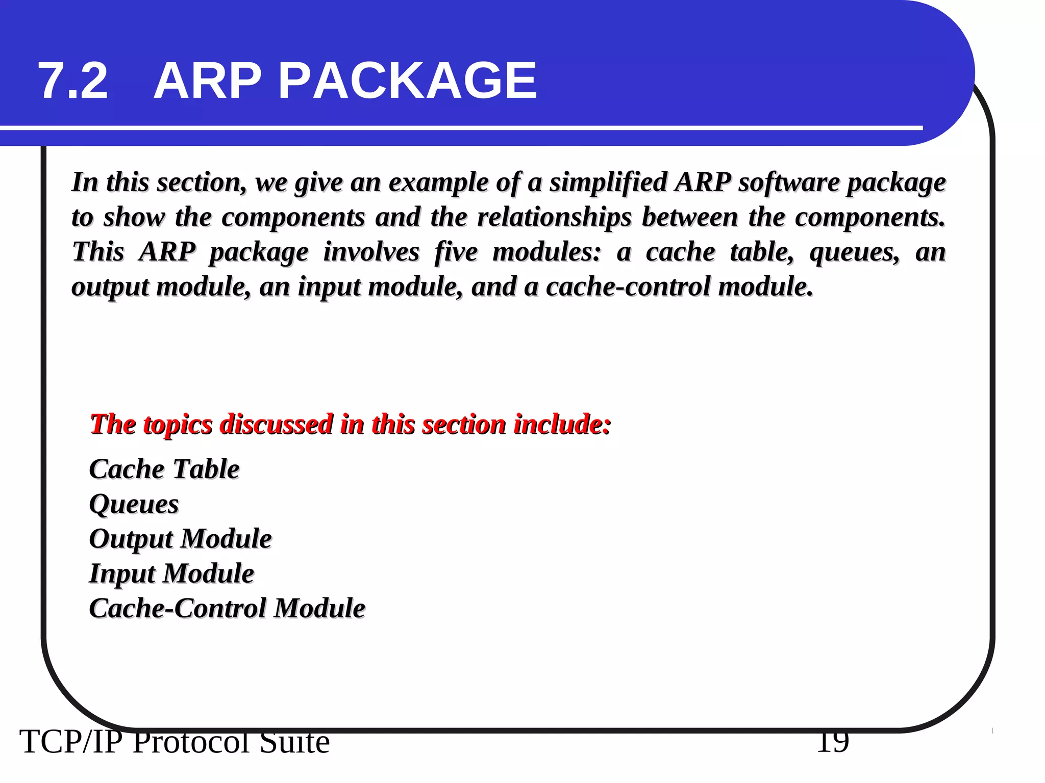 TCP/IP Protocol Suite 19
7.2 ARP PACKAGE
In this section, we give an example of a simplified ARP software package
In this section, we give an example of a simplified ARP software package
to show the components and the relationships between the components.
to show the components and the relationships between the components.
This ARP package involves five modules: a cache table, queues, an
This ARP package involves five modules: a cache table, queues, an
output module, an input module, and a cache-control module.
output module, an input module, and a cache-control module.
The topics discussed in this section include:
The topics discussed in this section include:
Cache Table
Cache Table
Queues
Queues
Output Module
Output Module
Input Module
Input Module
Cache-Control Module
Cache-Control Module
 