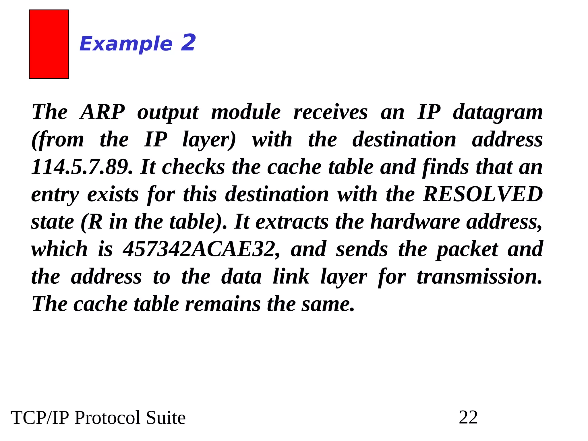 TCP/IP Protocol Suite 22
The ARP output module receives an IP datagram
(from the IP layer) with the destination address
114.5.7.89. It checks the cache table and finds that an
entry exists for this destination with the RESOLVED
state (R in the table). It extracts the hardware address,
which is 457342ACAE32, and sends the packet and
the address to the data link layer for transmission.
The cache table remains the same.
Example 2
 