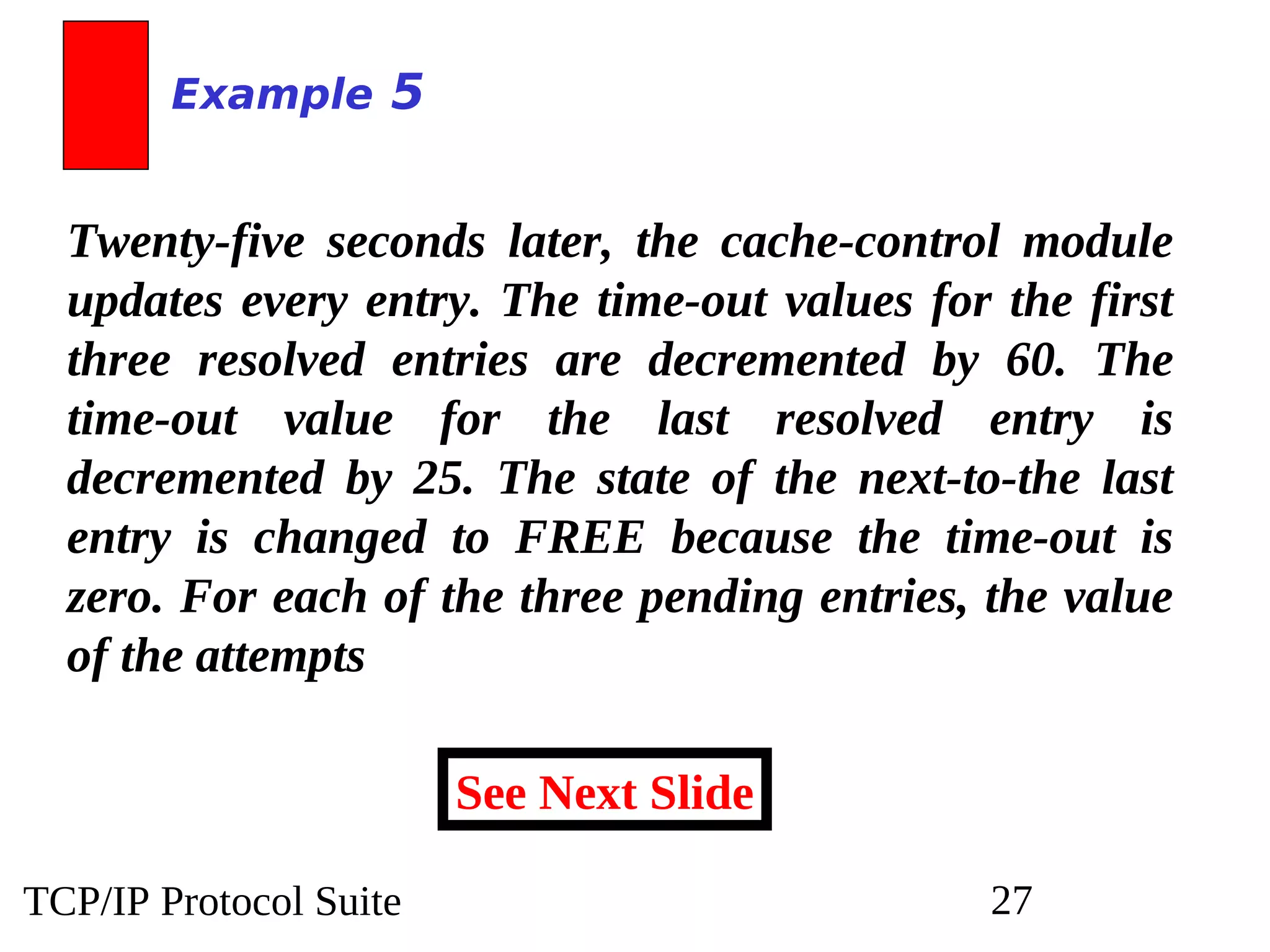 TCP/IP Protocol Suite 27
Twenty-five seconds later, the cache-control module
updates every entry. The time-out values for the first
three resolved entries are decremented by 60. The
time-out value for the last resolved entry is
decremented by 25. The state of the next-to-the last
entry is changed to FREE because the time-out is
zero. For each of the three pending entries, the value
of the attempts
Example 5
See Next Slide
 