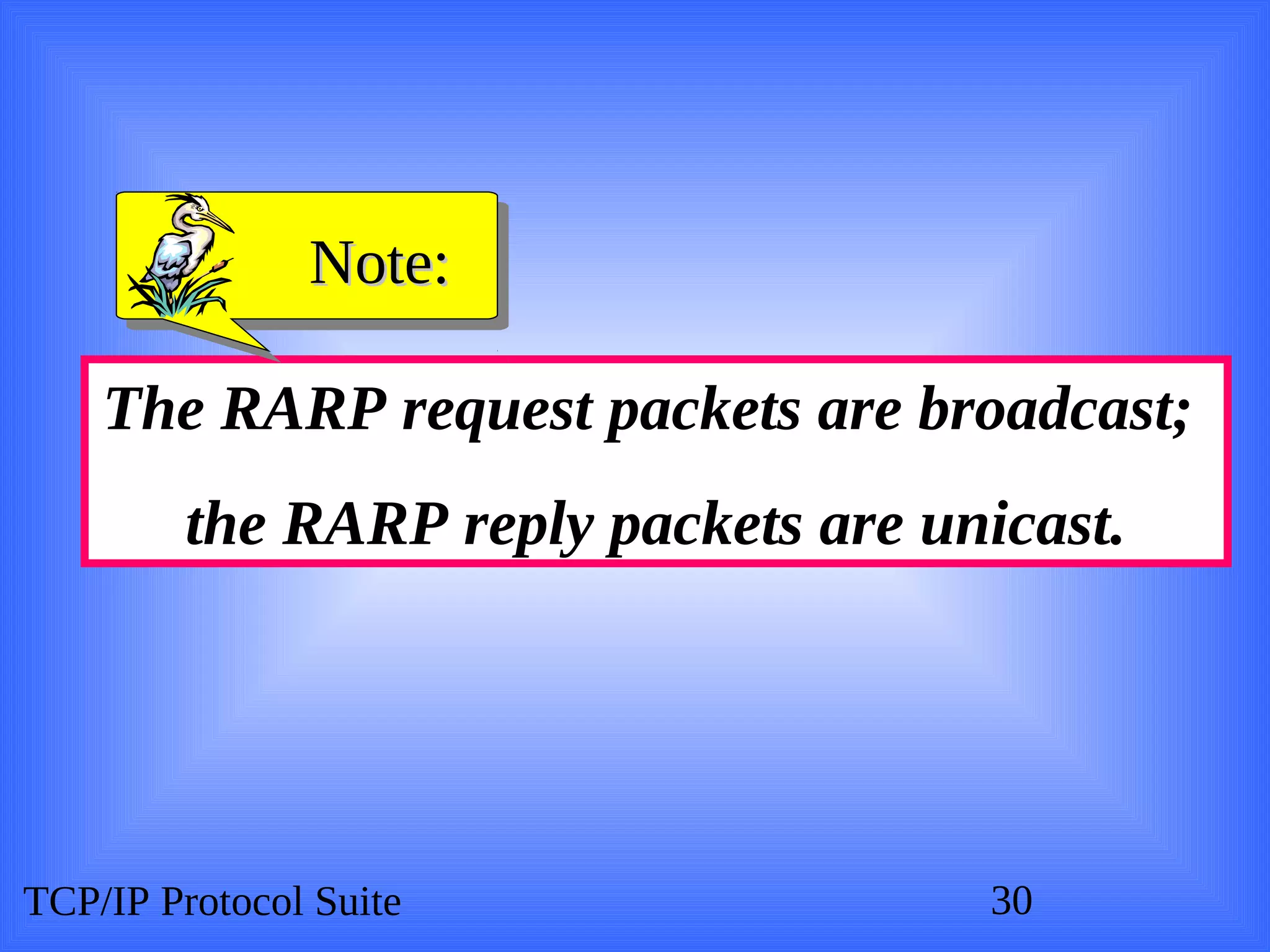 TCP/IP Protocol Suite 30
The RARP request packets are broadcast;
the RARP reply packets are unicast.
Note:
Note:
 