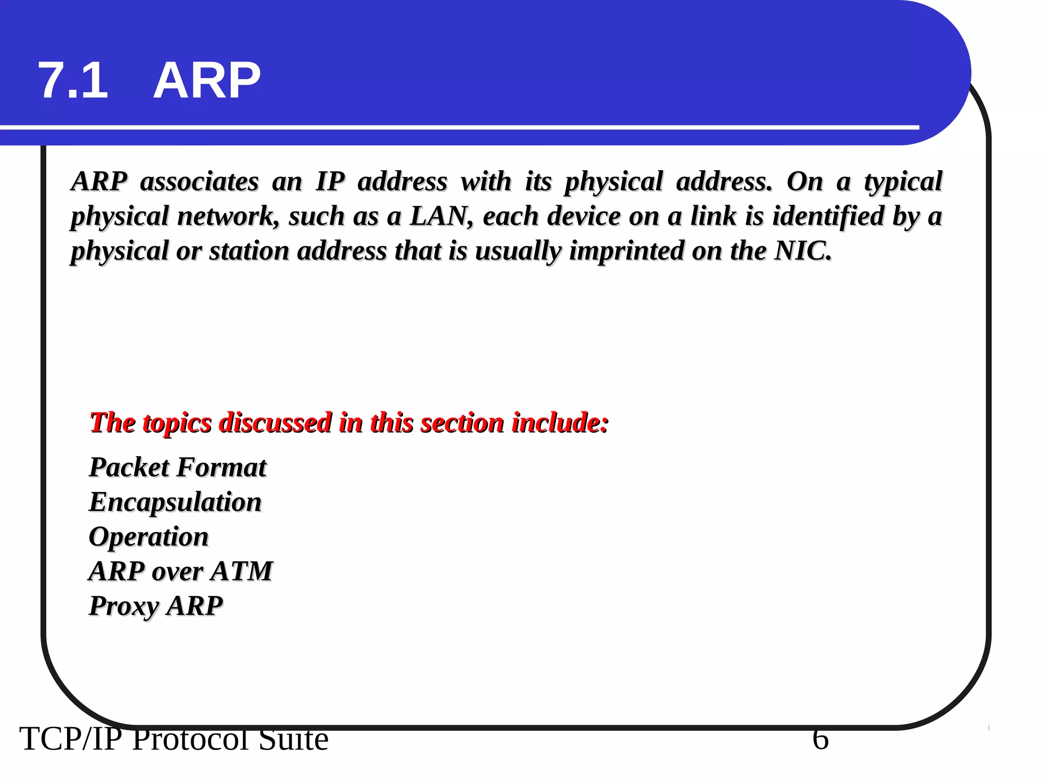 TCP/IP Protocol Suite 6
7.1 ARP
ARP associates an IP address with its physical address. On a typical
ARP associates an IP address with its physical address. On a typical
physical network, such as a LAN, each device on a link is identified by a
physical network, such as a LAN, each device on a link is identified by a
physical or station address that is usually imprinted on the NIC.
physical or station address that is usually imprinted on the NIC.
The topics discussed in this section include:
The topics discussed in this section include:
Packet Format
Packet Format
Encapsulation
Encapsulation
Operation
Operation
ARP over ATM
ARP over ATM
Proxy ARP
Proxy ARP
 