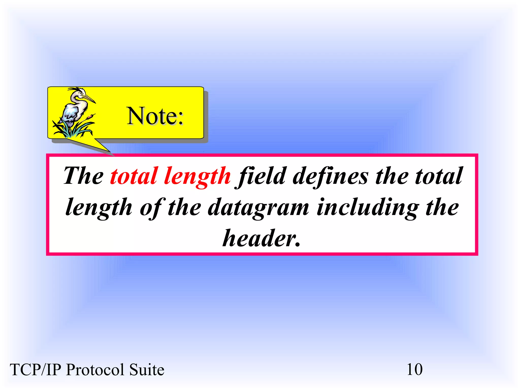 NNoottee:: 
The total length field defines the total 
length of the datagram including the 
header. 
TCP/IP Protocol Suite 10 
 