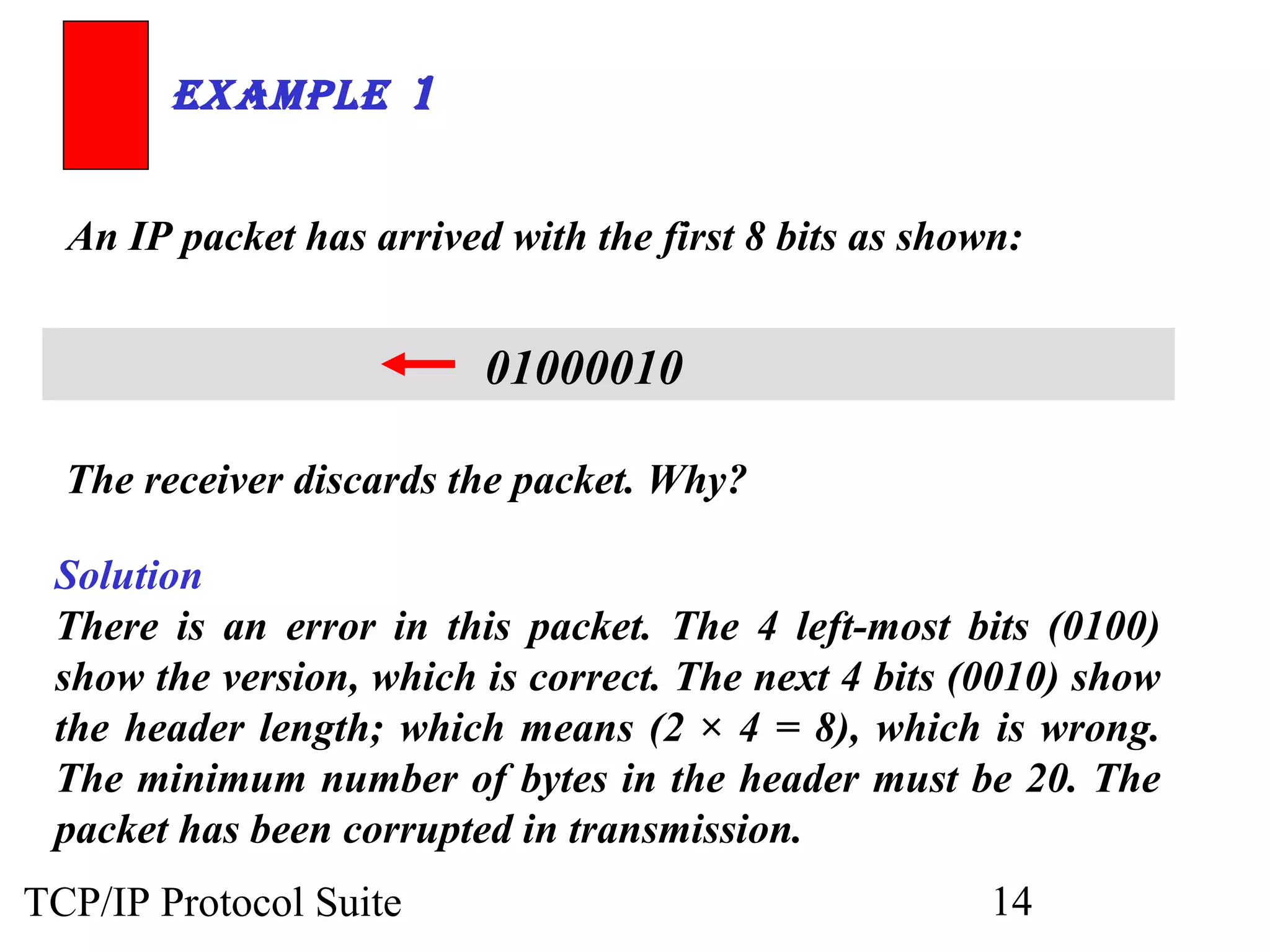 ExamplE 1 
An IP packet has arrived with the first 8 bits as shown: 
01000010 
The receiver discards the packet. Why? 
Solution 
There is an error in this packet. The 4 left-most bits (0100) 
show the version, which is correct. The next 4 bits (0010) show 
the header length; which means (2 × 4 = 8), which is wrong. 
The minimum number of bytes in the header must be 20. The 
packet has been corrupted in transmission. 
TCP/IP Protocol Suite 14 
 