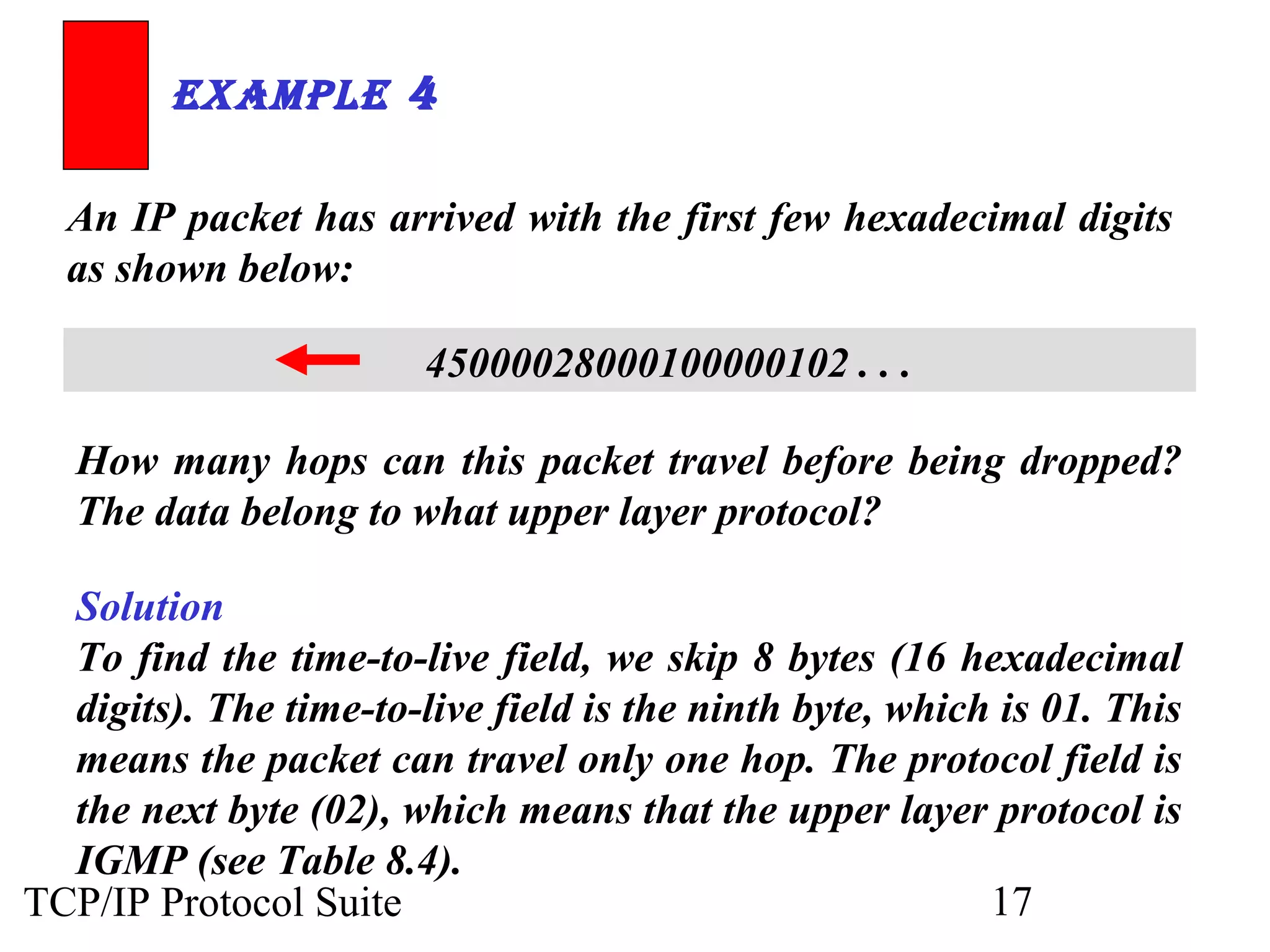 ExamplE 4 
An IP packet has arrived with the first few hexadecimal digits 
as shown below: 
45000028000100000102 . . . 
How many hops can this packet travel before being dropped? 
The data belong to what upper layer protocol? 
Solution 
To find the time-to-live field, we skip 8 bytes (16 hexadecimal 
digits). The time-to-live field is the ninth byte, which is 01. This 
means the packet can travel only one hop. The protocol field is 
the next byte (02), which means that the upper layer protocol is 
IGMP (see Table 8.4). 
TCP/IP Protocol Suite 17 
 