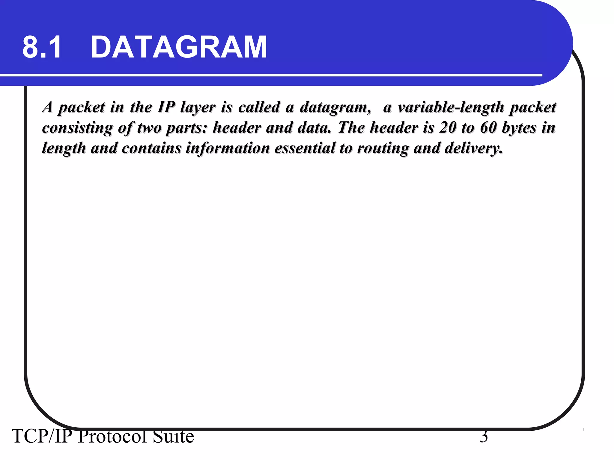 8.1 DATAGRAM 
A packet in the IP layer is called a datagram, a variable-lleennggtthh ppaacckkeett 
ccoonnssiissttiinngg ooff ttwwoo ppaarrttss:: hheeaaddeerr aanndd ddaattaa.. TThhee hheeaaddeerr iiss 2200 ttoo 6600 bbyytteess iinn 
lleennggtthh aanndd ccoonnttaaiinnss iinnffoorrmmaattiioonn eesssseennttiiaall ttoo rroouuttiinngg aanndd ddeelliivveerryy.. 
TCP/IP Protocol Suite 3 
 