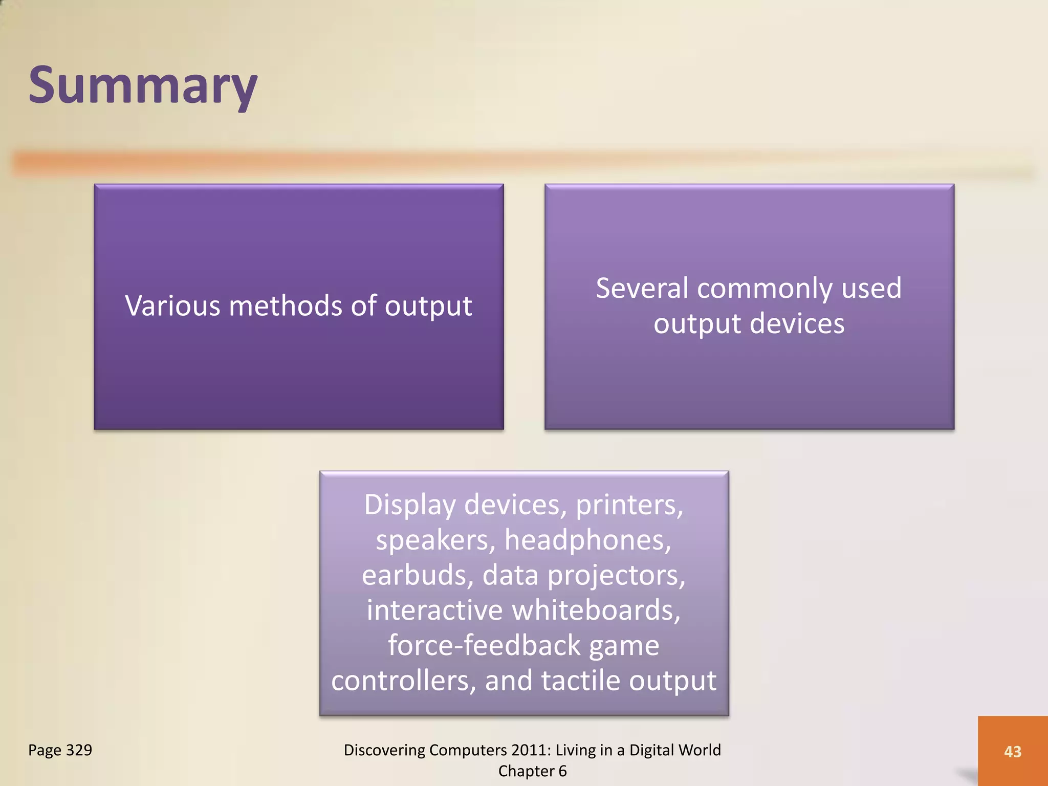 Summary


                                                             Several commonly used
           Various methods of output
                                                                 output devices




                           Display devices, printers,
                            speakers, headphones,
                           earbuds, data projectors,
                           interactive whiteboards,
                             force-feedback game
                         controllers, and tactile output

Page 329                  Discovering Computers 2011: Living in a Digital World      43
                                              Chapter 6
 