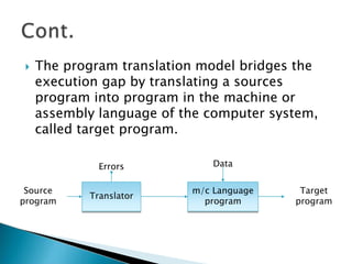  The program translation model bridges the
execution gap by translating a sources
program into program in the machine or
assembly language of the computer system,
called target program.
Source
program
Translator
m/c Language
program
Target
program
Errors Data
 