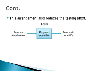 This arrangement also reduces the testing effort.
Program
specification
Program
generator
Program
generator
Program in
target PL
Errors
 