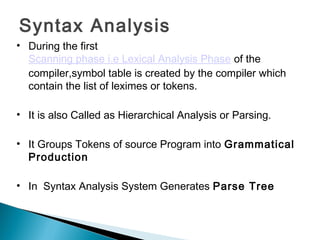 Syntax Analysis
• During the first 
Scanning phase i.e Lexical Analysis Phase of the
compiler,symbol table is created by the compiler which
contain the list of leximes or tokens.
• It is also Called as Hierarchical Analysis or Parsing.
• It Groups Tokens of source Program into Grammatical
Production
• In Syntax Analysis System Generates Parse Tree
 