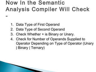 Now In the Semantic
Analysis Compiler Will Check
-
1. Data Type of First Operand
2. Data Type of Second Operand
3. Check Whether + is Binary or Unary.
4. Check for Number of Operands Supplied to
Operator Depending on Type of Operator (Unary
| Binary | Ternary)
 