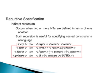 Recursive Specification
Indirect recursion
Occurs when two or more NTs are defined in terms of one
another.
Such recursion is useful for specifying nested constructs in
a language
 