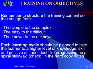 TRAINING ON OBJECTIVES
Remember to structure the training content so
that you go from:
The simple to the complex
The easy to the difficult
The known to the unknown
Each learning cycle should be planned to take
the learner to a higher level of knowledge, skill
and positive attitude. Just like progressing up a
spiral stairway. (check in the hard copy notes)
14
4/22/2021
MMCL/INTAS TOTTraining
 