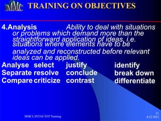 TRAINING ON OBJECTIVES
4.Analysis Ability to deal with situations
21
4/22/2021
MMCL/INTAS TOTTraining
or problems which demand more than the
straightforward application of ideas, i.e.
situations where elements have to be
analyzed and reconstructed before relevant
ideas can be applied.
Analyse select justify
Separate resolve conclude
Compare criticize contrast
identify
break down
differentiate
 