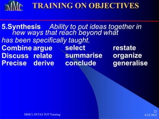 TRAINING ON OBJECTIVES
5.Synthesis Ability to put ideas together in
22
4/22/2021
MMCL/INTAS TOTTraining
new ways that reach beyond what
has been specifically taught.
Combine argue
Discuss relate
Precise derive
select
summarise
conclude
restate
organize
generalise
 