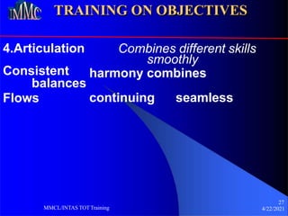 TRAINING ON OBJECTIVES
4.Articulation
Consistent
balances
Flows
27
4/22/2021
MMCL/INTAS TOTTraining
Combines different skills
smoothly
harmony combines
continuing seamless
 
