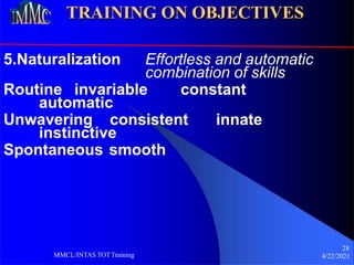 TRAINING ON OBJECTIVES
5.Naturalization Effortless and automatic
28
4/22/2021
MMCL/INTAS TOTTraining
combination of skills
Routine invariable constant
automatic
Unwavering consistent innate
instinctive
Spontaneous smooth
 