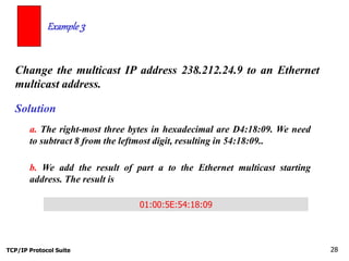 Example 3 
Change the multicast IP address 238.212.24.9 to an Ethernet 
multicast address. 
Solution 
a. The right-most three bytes in hexadecimal are D4:18:09. We need 
to subtract 8 from the leftmost digit, resulting in 54:18:09.. 
b. We add the result of part a to the Ethernet multicast starting 
address. The result is 
01:00:5E:54:18:09 
TCP/IP Protocol Suite 28 
 