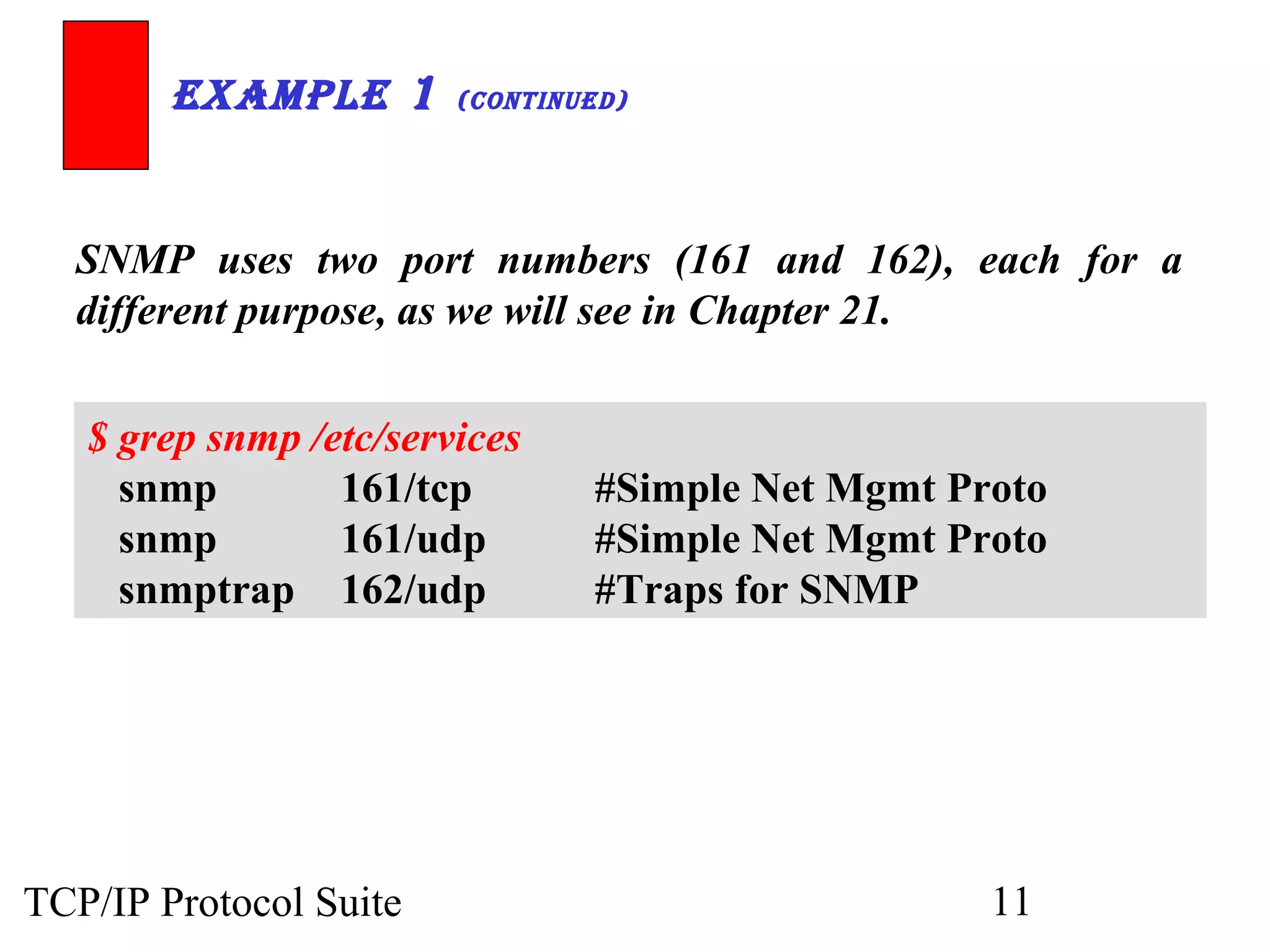 ExamplE 1       (ContinuEd)




  SNMP uses two port numbers (161 and 162), each for a
  different purpose, as we will see in Chapter 21.


   $ grep snmp /etc/services
     snmp        161/tcp        #Simple Net Mgmt Proto
     snmp        161/udp        #Simple Net Mgmt Proto
     snmptrap 162/udp           #Traps for SNMP




TCP/IP Protocol Suite                              11
 