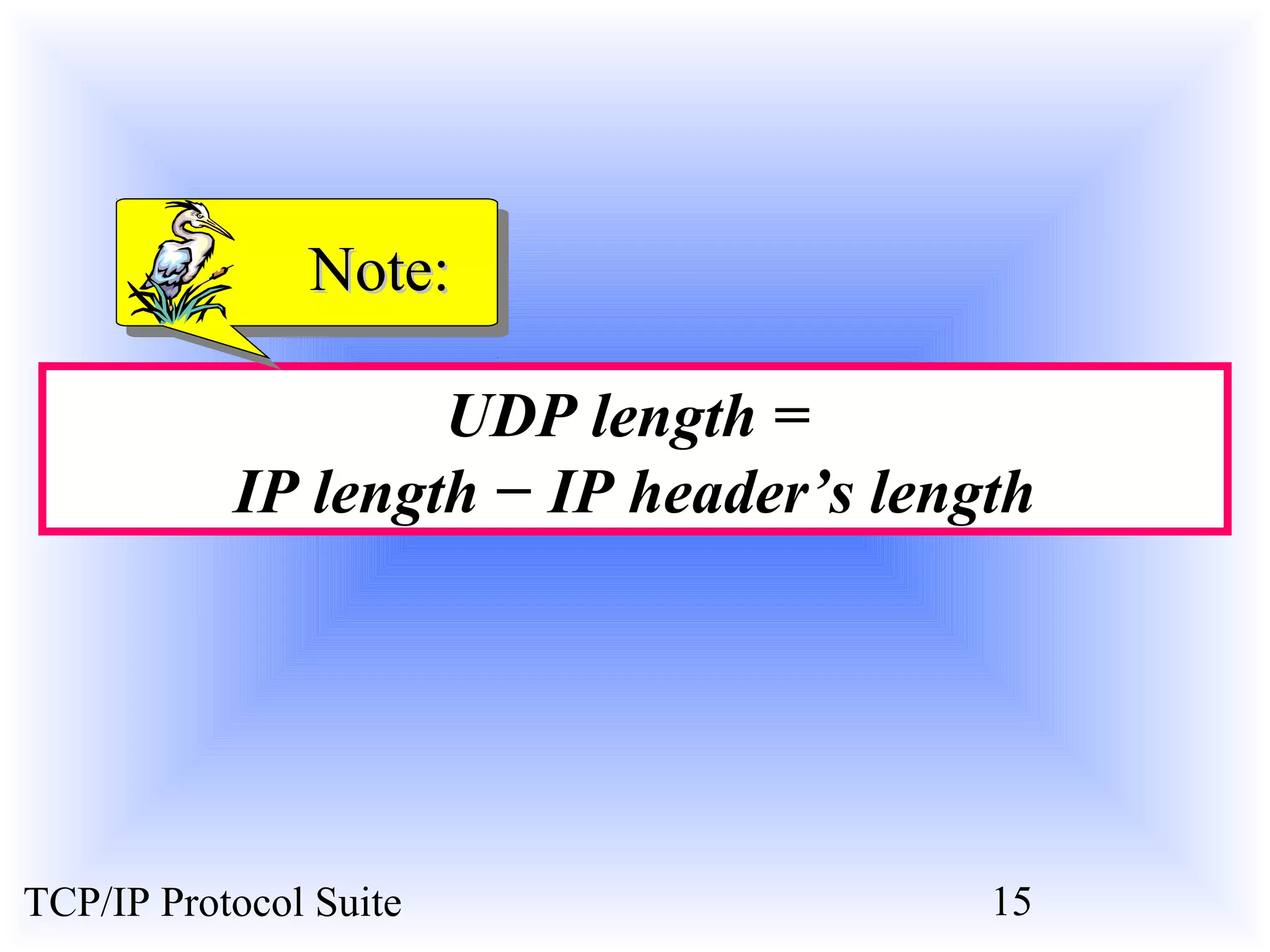 Note:

                   UDP length =
           IP length − IP header’s length




TCP/IP Protocol Suite                  15
 