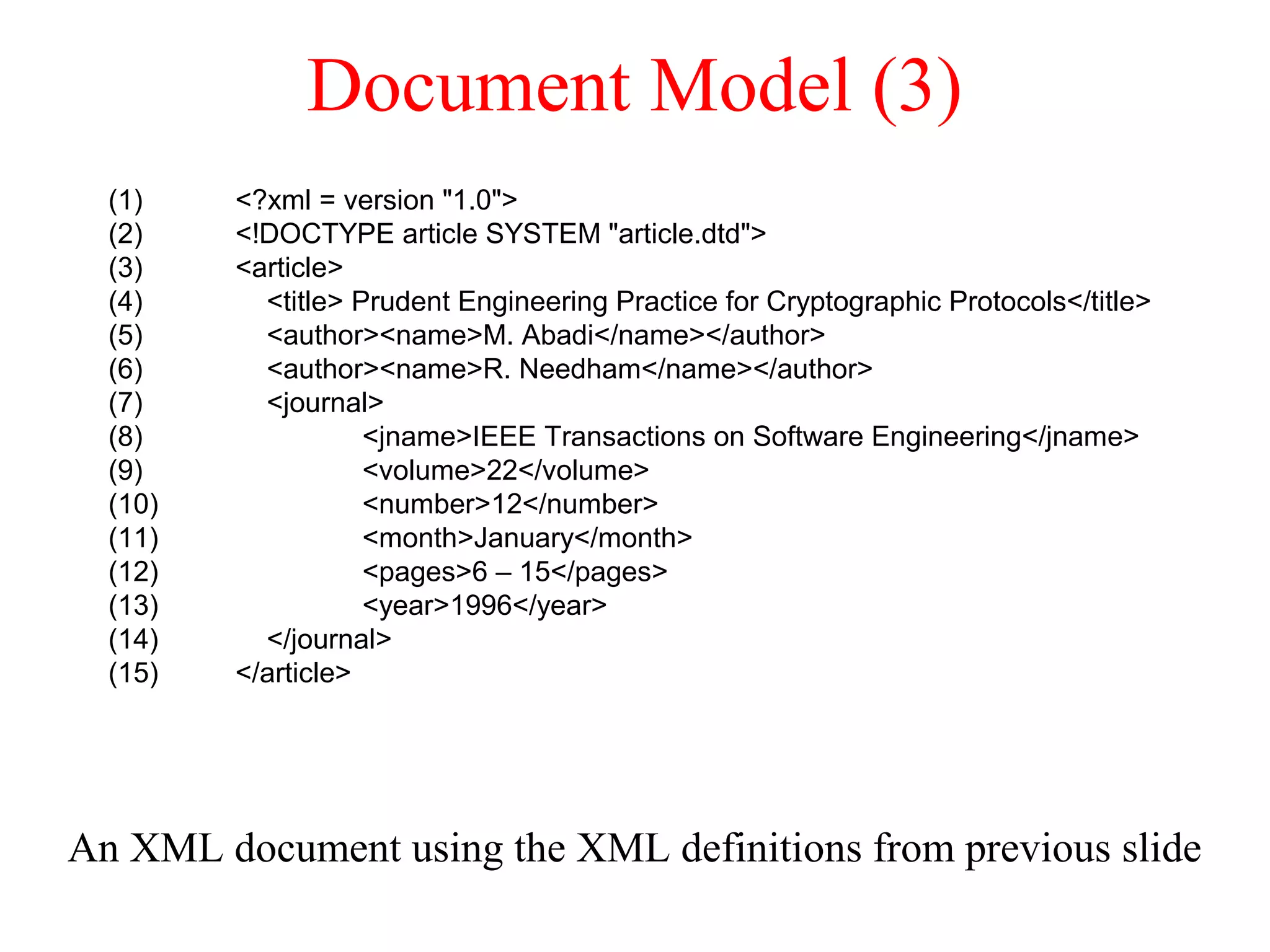 Document Model (3)
An XML document using the XML definitions from previous slide
(1) <?xml = version "1.0">
(2) <!DOCTYPE article SYSTEM "article.dtd">
(3) <article>
(4) <title> Prudent Engineering Practice for Cryptographic Protocols</title>
(5) <author><name>M. Abadi</name></author>
(6) <author><name>R. Needham</name></author>
(7) <journal>
(8) <jname>IEEE Transactions on Software Engineering</jname>
(9) <volume>22</volume>
(10) <number>12</number>
(11) <month>January</month>
(12) <pages>6 – 15</pages>
(13) <year>1996</year>
(14) </journal>
(15) </article>
 