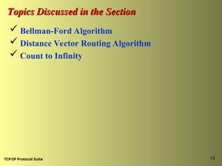TCP/IP Protocol Suite 10
Topics Discussed in the Section
Topics Discussed in the Section
 Bellman-Ford Algorithm
 Distance Vector Routing Algorithm
 Count to Infinity
 