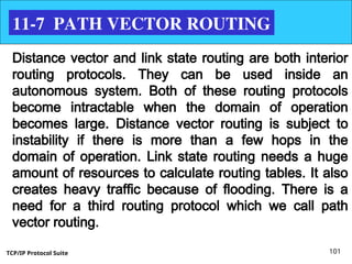 TCP/IP Protocol Suite 101
11-7 PATH VECTOR ROUTING
Distance vector and link state routing are both interior
routing protocols. They can be used inside an
autonomous system. Both of these routing protocols
become intractable when the domain of operation
becomes large. Distance vector routing is subject to
instability if there is more than a few hops in the
domain of operation. Link state routing needs a huge
amount of resources to calculate routing tables. It also
creates heavy traffic because of flooding. There is a
need for a third routing protocol which we call path
vector routing.
 