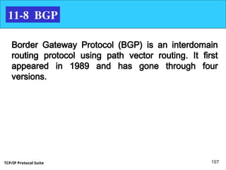 TCP/IP Protocol Suite 107
11-8 BGP
Border Gateway Protocol (BGP) is an interdomain
routing protocol using path vector routing. It first
appeared in 1989 and has gone through four
versions.
 