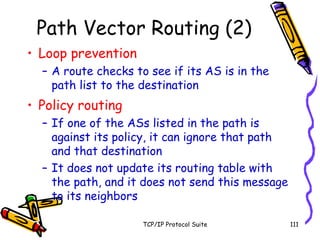 TCP/IP Protocol Suite 111
Path Vector Routing (2)
• Loop prevention
– A route checks to see if its AS is in the
path list to the destination
• Policy routing
– If one of the ASs listed in the path is
against its policy, it can ignore that path
and that destination
– It does not update its routing table with
the path, and it does not send this message
to its neighbors
 