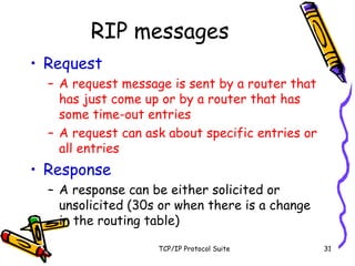 TCP/IP Protocol Suite 31
RIP messages
• Request
– A request message is sent by a router that
has just come up or by a router that has
some time-out entries
– A request can ask about specific entries or
all entries
• Response
– A response can be either solicited or
unsolicited (30s or when there is a change
in the routing table)
 