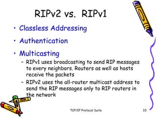 TCP/IP Protocol Suite 33
RIPv2 vs. RIPv1
• Classless Addressing
• Authentication
• Multicasting
– RIPv1 uses broadcasting to send RIP messages
to every neighbors. Routers as well as hosts
receive the packets
– RIPv2 uses the all-router multicast address to
send the RIP messages only to RIP routers in
the network
 