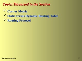 TCP/IP Protocol Suite 5
Topics Discussed in the Section
Topics Discussed in the Section
 Cost or Metric
 Static versus Dynamic Routing Table
 Routing Protocol
 