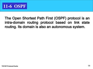 TCP/IP Protocol Suite 58
11-6 OSPF
The Open Shortest Path First (OSPF) protocol is an
intra-domain routing protocol based on link state
routing. Its domain is also an autonomous system.
 