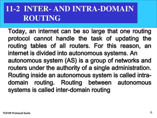 TCP/IP Protocol Suite 6
11-2 INTER- AND INTRA-DOMAIN
ROUTING
Today, an internet can be so large that one routing
protocol cannot handle the task of updating the
routing tables of all routers. For this reason, an
internet is divided into autonomous systems. An
autonomous system (AS) is a group of networks and
routers under the authority of a single administration.
Routing inside an autonomous system is called intra-
domain routing. Routing between autonomous
systems is called inter-domain routing
 