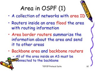 TCP/IP Protocol Suite 61
Area in OSPF (1)
• A collection of networks with area ID
• Routers inside an area flood the area
with routing information
• Area border routers summarize the
information about the area and send
it to other areas
• Backbone area and backbone routers
– All of the area inside an AS must be
connected to the backbone
 