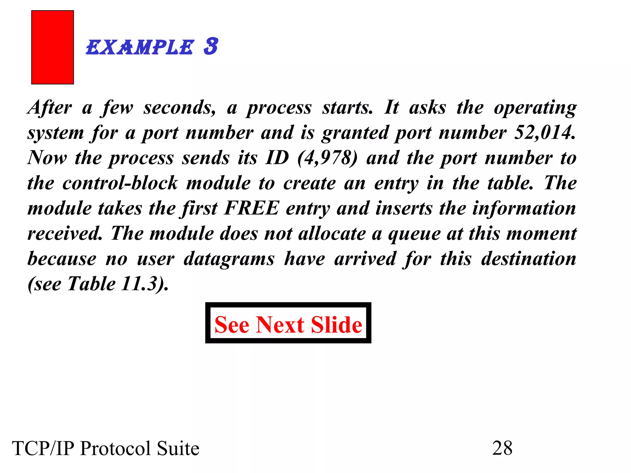 ExamplE 3 
After a few seconds, a process starts. It asks the operating 
system for a port number and is granted port number 52,014. 
Now the process sends its ID (4,978) and the port number to 
the control-block module to create an entry in the table. The 
module takes the first FREE entry and inserts the information 
received. The module does not allocate a queue at this moment 
because no user datagrams have arrived for this destination 
(see Table 11.3). 
See Next Slide 
TCP/IP Protocol Suite 28 
 