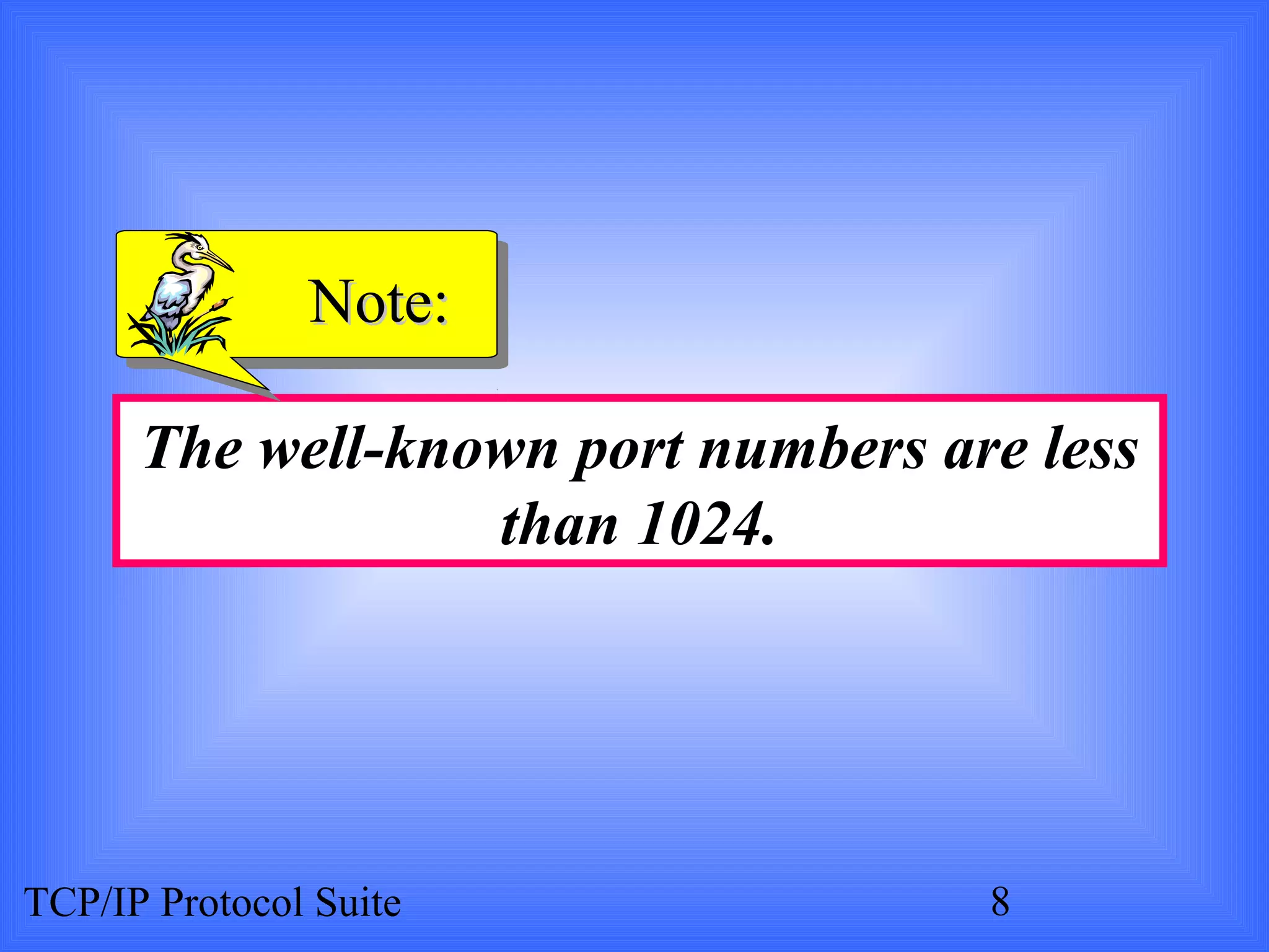NNoottee:: 
The well-known port numbers are less 
than 1024. 
TCP/IP Protocol Suite 8 
 