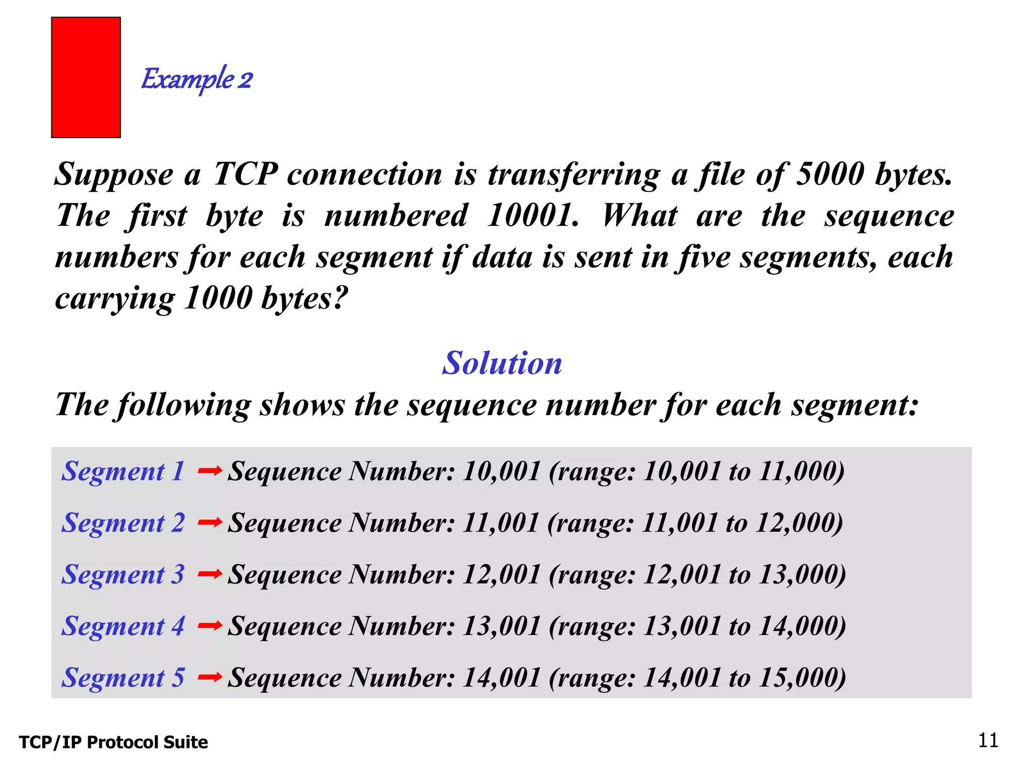 Example 2 
Suppose a TCP connection is transferring a file of 5000 bytes. 
The first byte is numbered 10001. What are the sequence 
numbers for each segment if data is sent in five segments, each 
carrying 1000 bytes? 
Solution 
The following shows the sequence number for each segment: 
Segment 1 ➡ Sequence Number: 10,001 (range: 10,001 to 11,000) 
Segment 2 ➡ Sequence Number: 11,001 (range: 11,001 to 12,000) 
Segment 3 ➡ Sequence Number: 12,001 (range: 12,001 to 13,000) 
Segment 4 ➡ Sequence Number: 13,001 (range: 13,001 to 14,000) 
Segment 5 ➡ Sequence Number: 14,001 (range: 14,001 to 15,000) 
TCP/IP Protocol Suite 11 
 