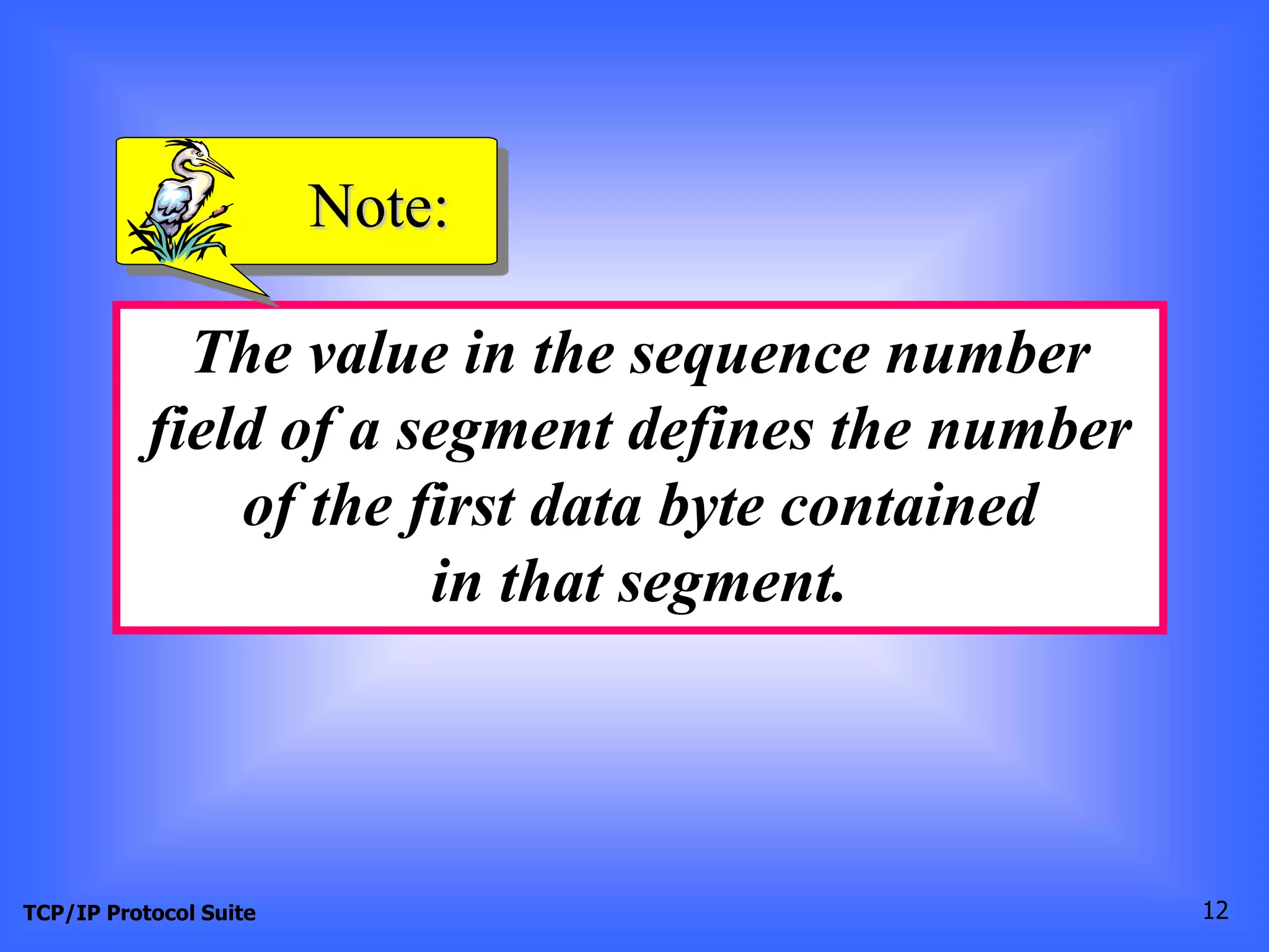 Note: 
The value in the sequence number 
field of a segment defines the number 
of the first data byte contained 
in that segment. 
TCP/IP Protocol Suite 12 
 