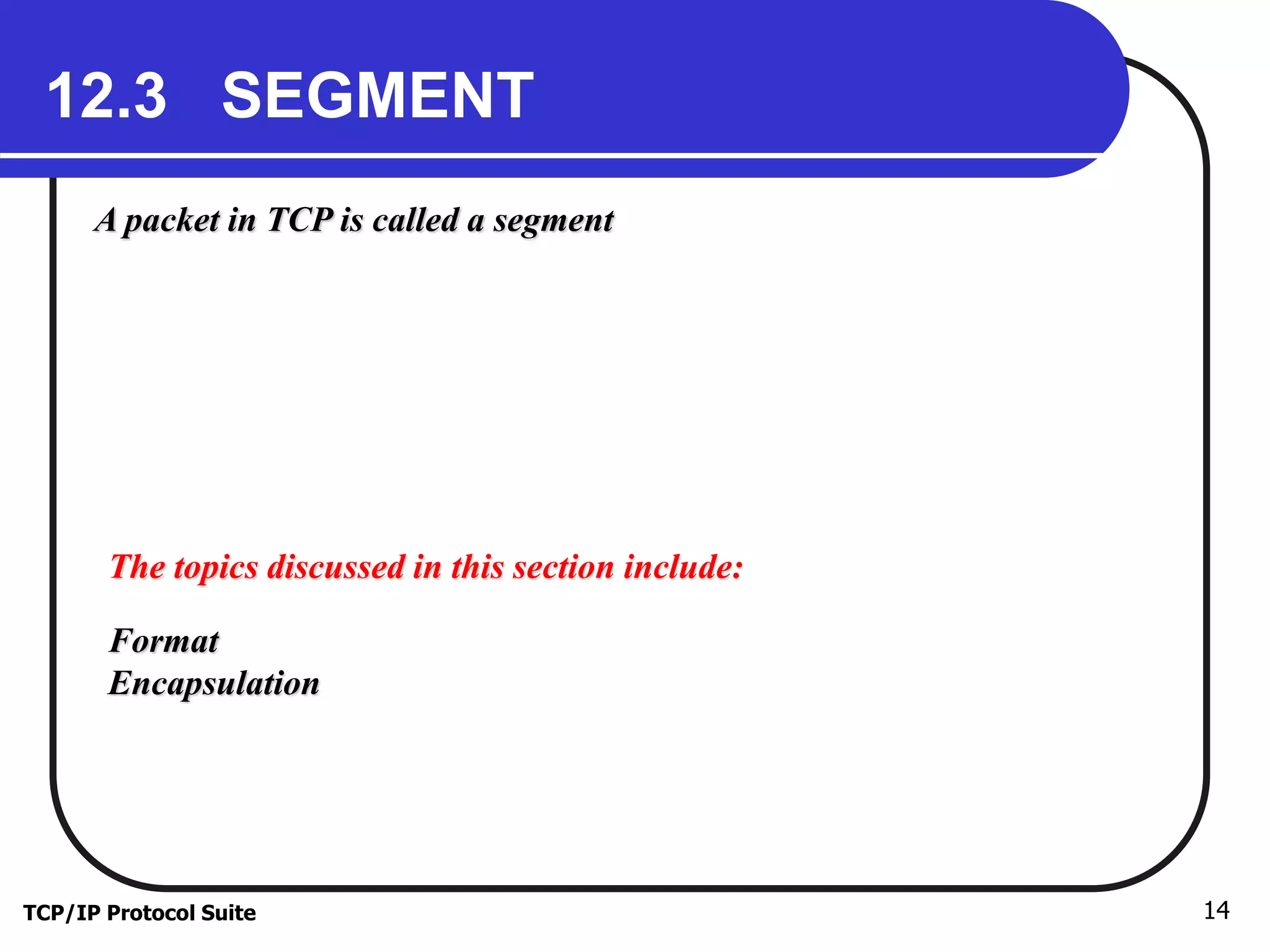 12.3 SEGMENT 
A packet in TCP is called a segment 
The topics discussed in this section include: 
Format 
Encapsulation 
TCP/IP Protocol Suite 14 
 