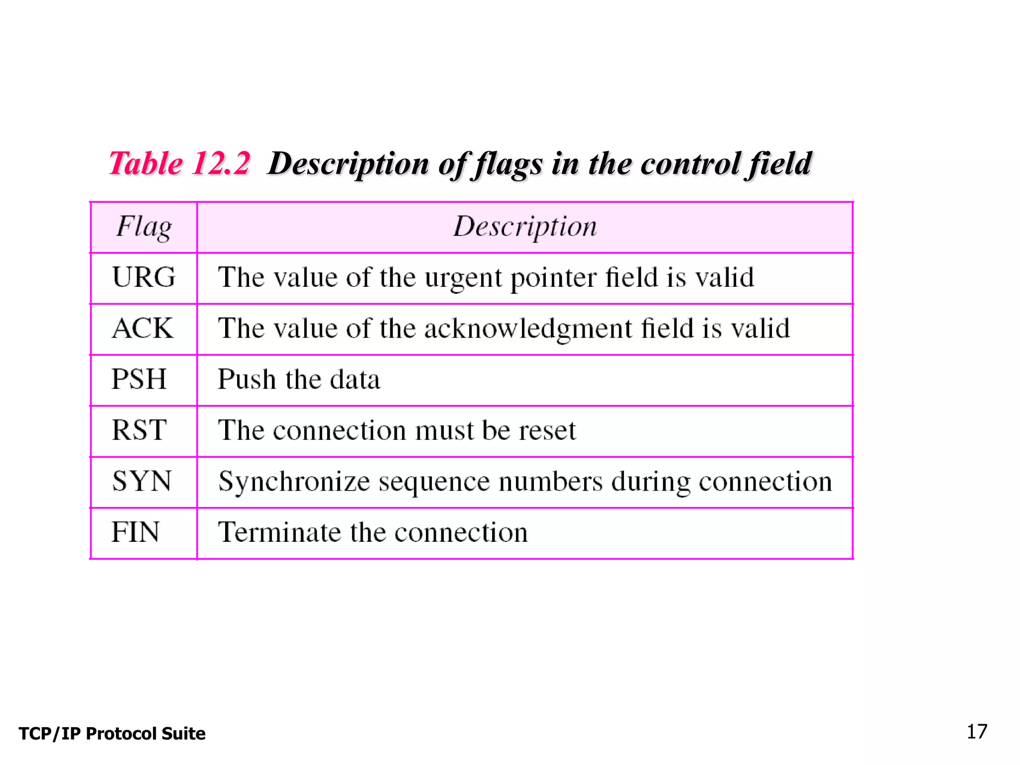 Table 12.2 Description of flags in the control field 
I 
TCP/IP Protocol Suite 17 
 