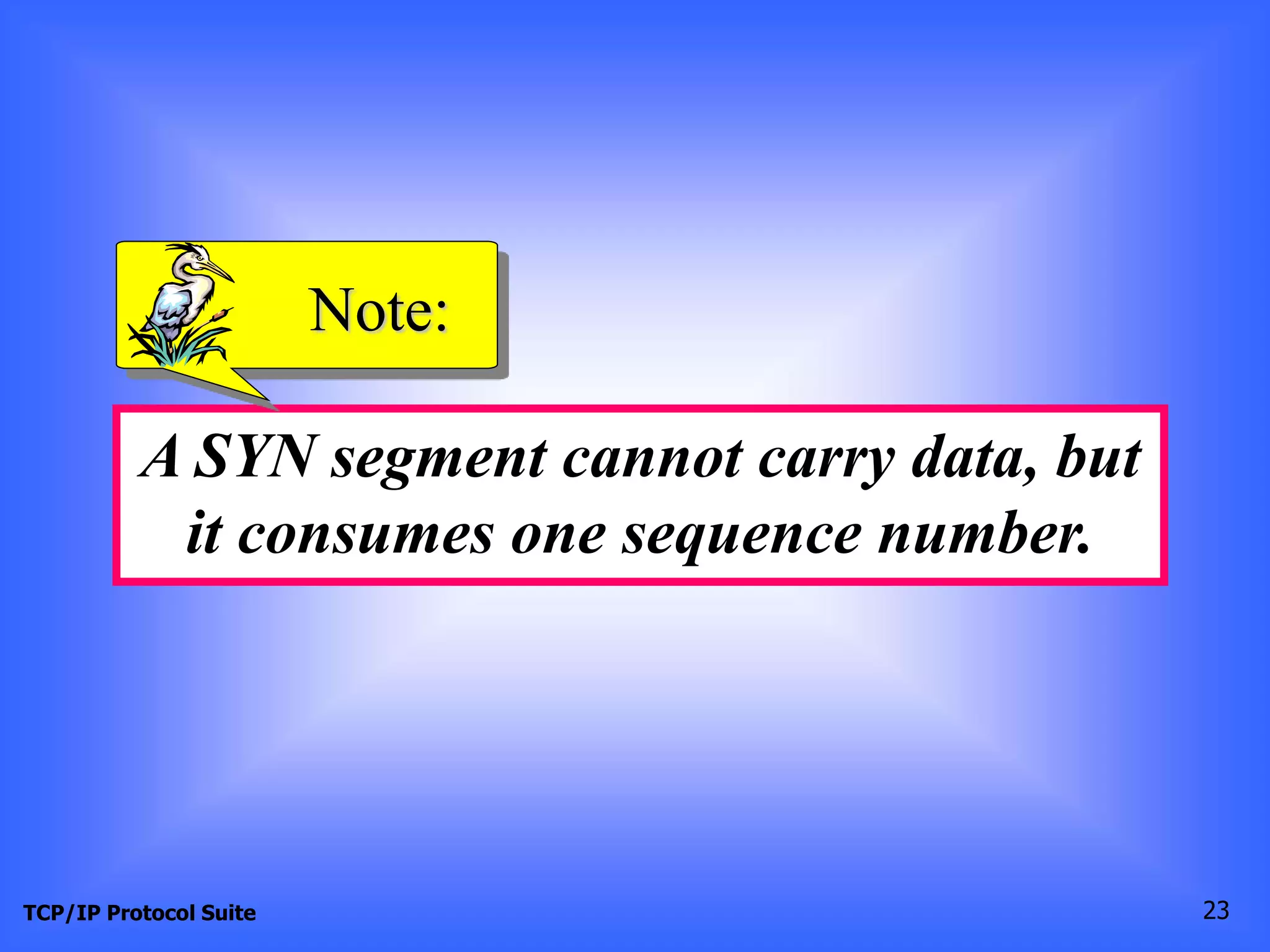 Note: 
A SYN segment cannot carry data, but 
it consumes one sequence number. 
TCP/IP Protocol Suite 23 
 