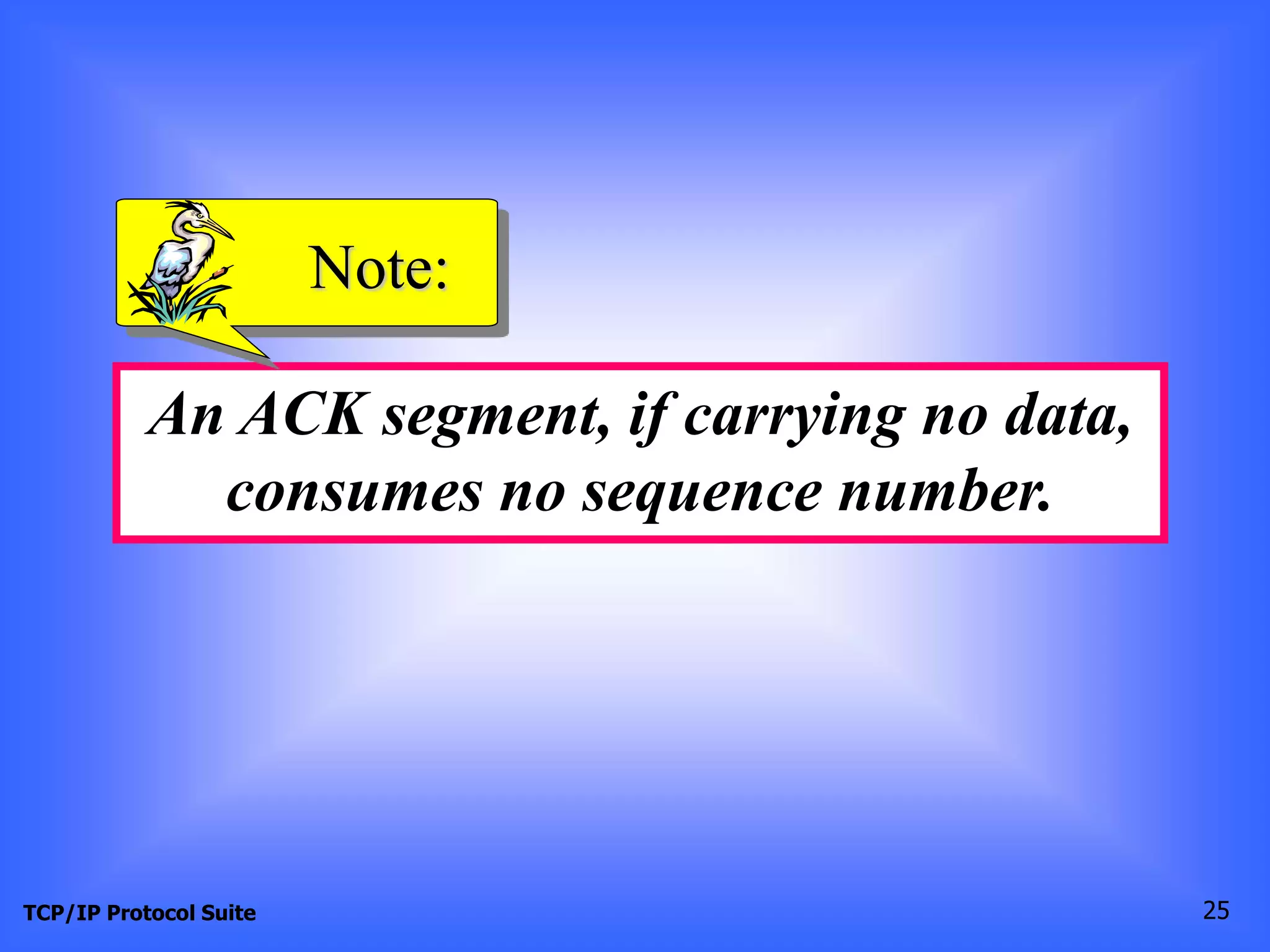 Note: 
An ACK segment, if carrying no data, 
consumes no sequence number. 
TCP/IP Protocol Suite 25 
 
